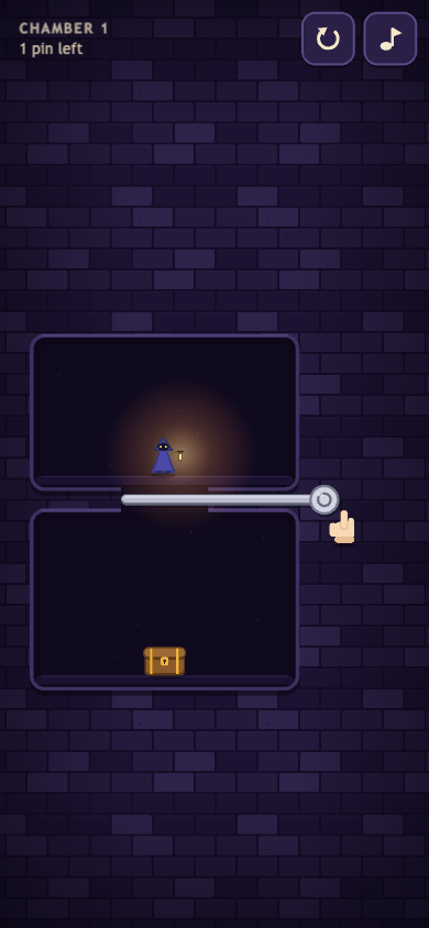 Dungeon Pins gameplay with a pull pin, wizard and treasure chest.